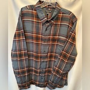 Toad & Co Men’s Large Airsmyth Flannel Long Sleeve Shirt Blue Brown Orange Plaid